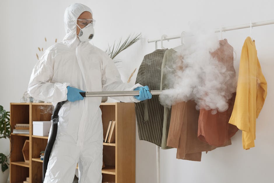 A professional cleaning specialist from Merton Carpet Cleaning is dressed in white protective coveralls, gloves, goggles, and a face mask while using a steam cleaning wand to sanitise hanging clothes on a white clothing rail in a well-lit, modern room. The room features a wooden bookshelf with books and decorative items, a potted plant, and a neutral-colored wall, highlighting a clean and orderly environment focused on deep surface cleaning and sanitisation procedures.