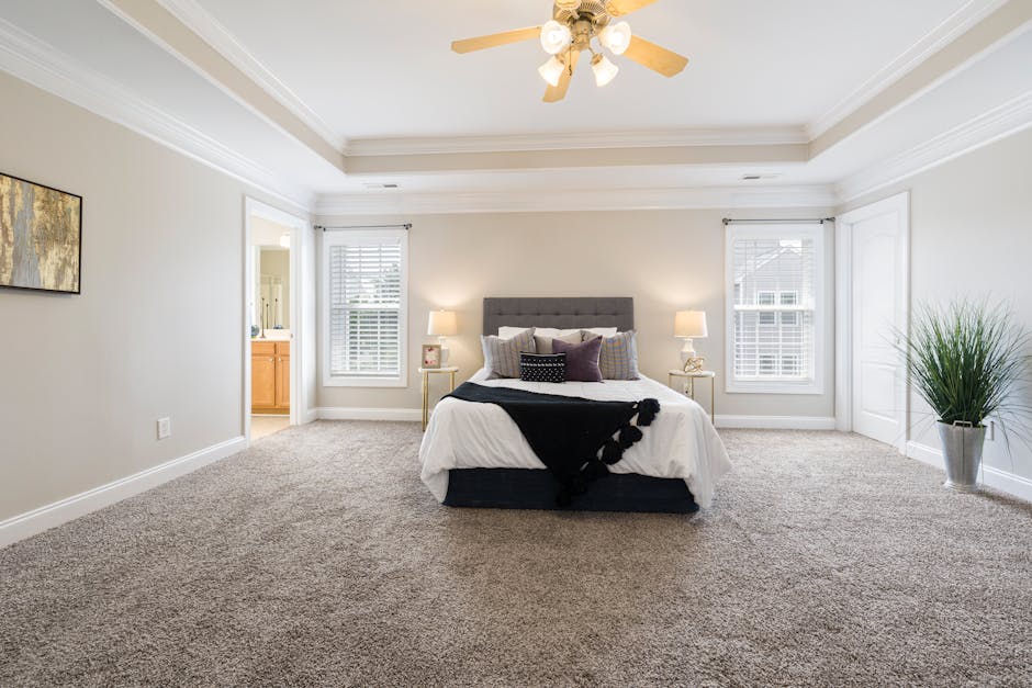 A spacious, modern bedroom with a large, neatly made bed featuring white and dark grey bedding and decorative pillows. The room has beige walls and a high tray ceiling with white crown molding, illuminated by natural light through two white-framed windows fitted with white blinds. A wooden nightstand on each side of the bed holds table lamps with beige shades, creating a warm ambiance. The floor is covered with a plush, light brown carpet that appears clean and well-maintained, suitable for carpet deep cleaning. To the right, a tall green plant in a white pot adds a touch of freshness. The room features minimal decor, including a framed abstract artwork on the left wall, and the overall appearance emphasizes cleanliness, hygiene, and careful surface maintenance, reflecting professional domestic cleaning standards, as provided by Merton Carpet Cleaning.