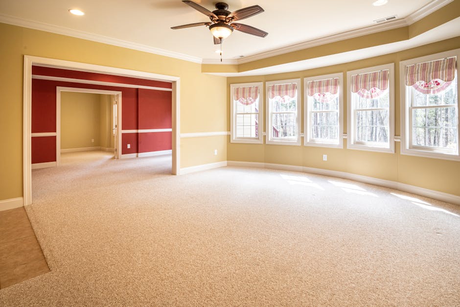 A spacious living room with a light beige carpet that appears clean and well-maintained. The room features multiple large windows with striped pink and white curtains, allowing ample natural light to brighten the space. The walls are painted in a soft yellow tone with white trim, and a white crown molding runs along the ceiling. A ceiling fan with wooden blades and a central light fixture is mounted overhead. Adjacent to the main area is a smaller adjoining room with a red accent wall and white trim, visible through an open doorway. The living room is tidy, free of dust or clutter, emphasizing professional deep cleaning and surface sanitisation, with a focus on maintaining hygiene and cleanliness. Merton Carpet Cleaning specializes in domestic cleaning services, ensuring surfaces like carpets and floors are hygienic and well cared for.